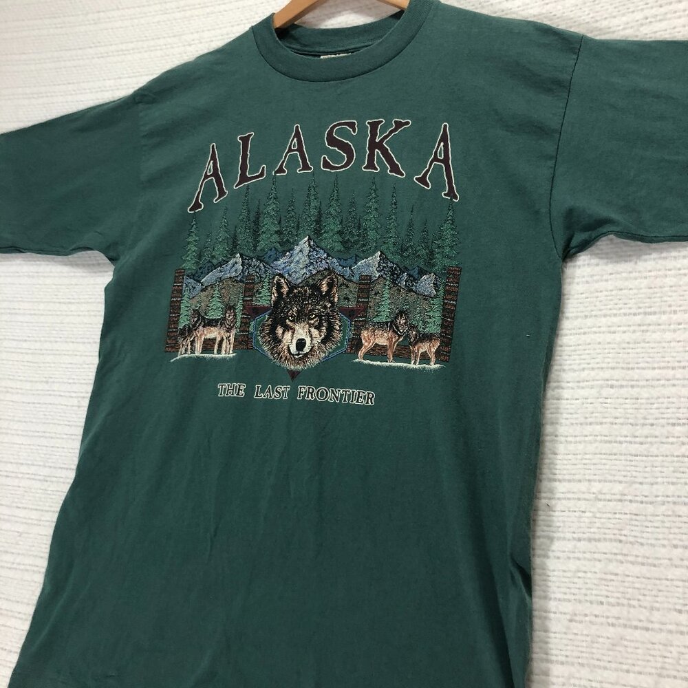 Vintage Single‎ Stitch Alaska The Last Frontier Green Graphic T-Shirt Size Large
